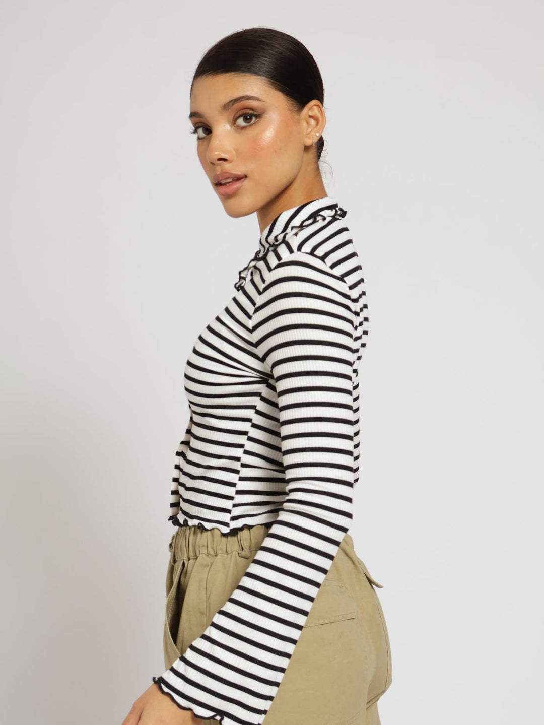 Long Sleeve Stripe Rib Collar Top - Black