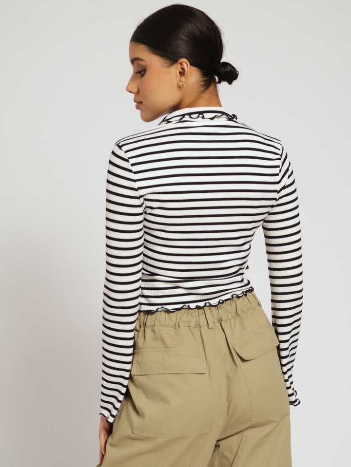 Long Sleeve Stripe Rib Collar Top - Black