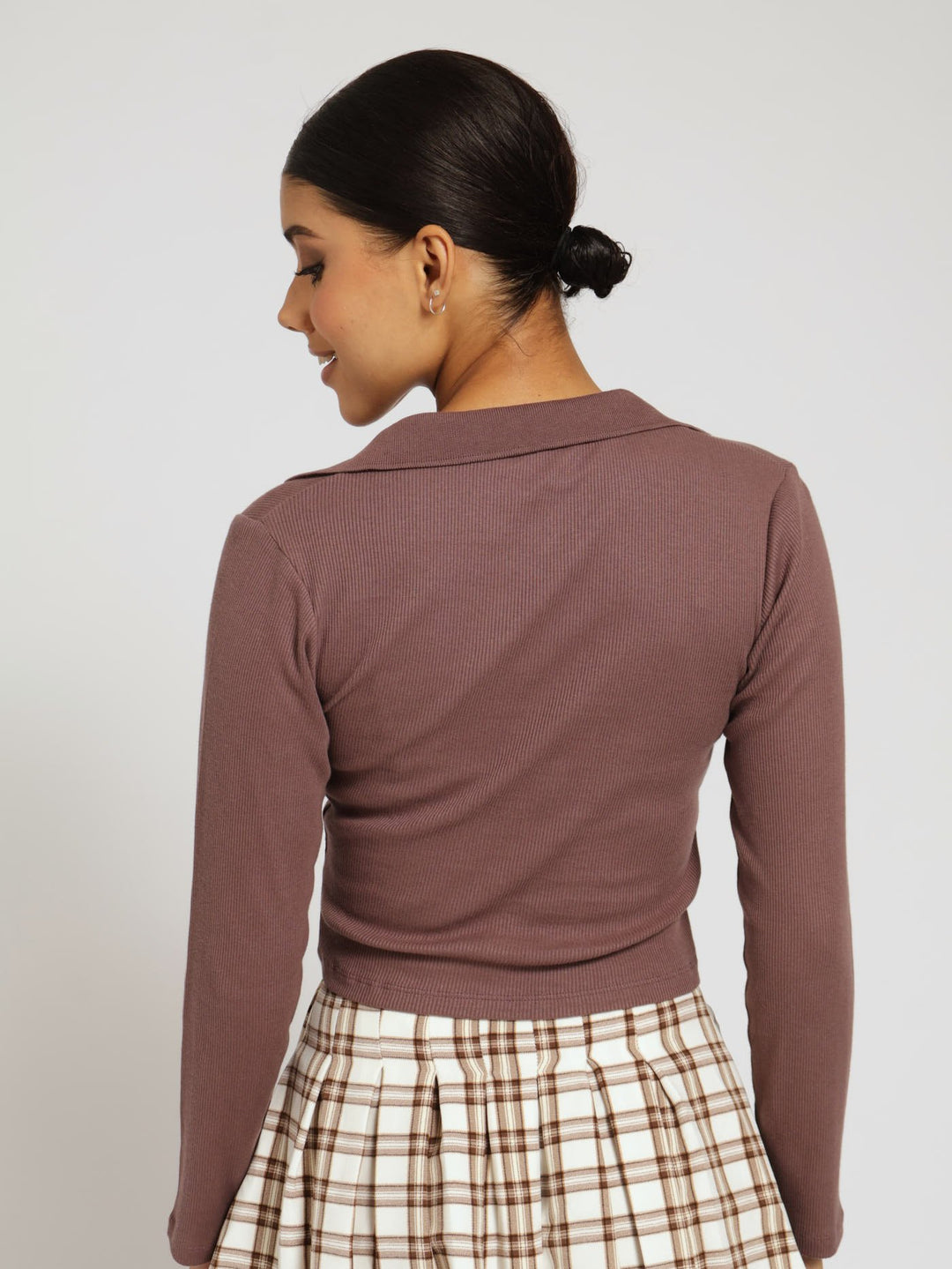 Long Sleeve Collar Basic Knit Top - Taupe