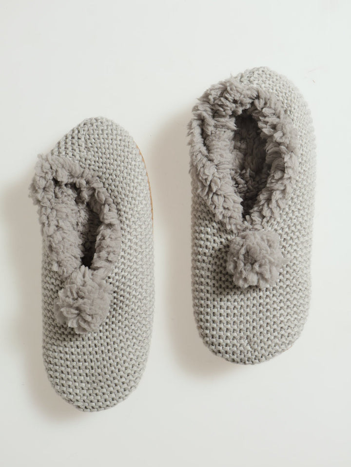 Pom Pom Knit Slipper Socks - Grey