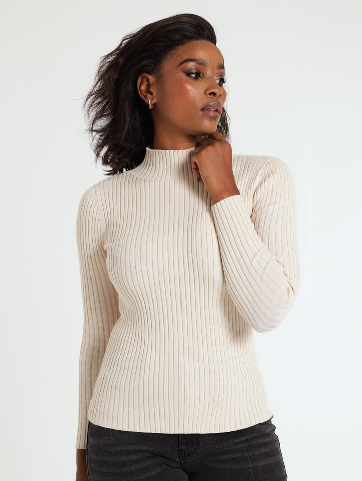 Ribbed Turtleneck Pullover - Cream