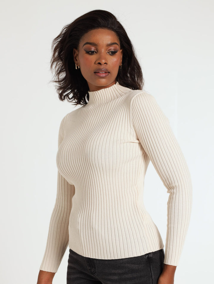 Ribbed Turtleneck Pullover - Cream