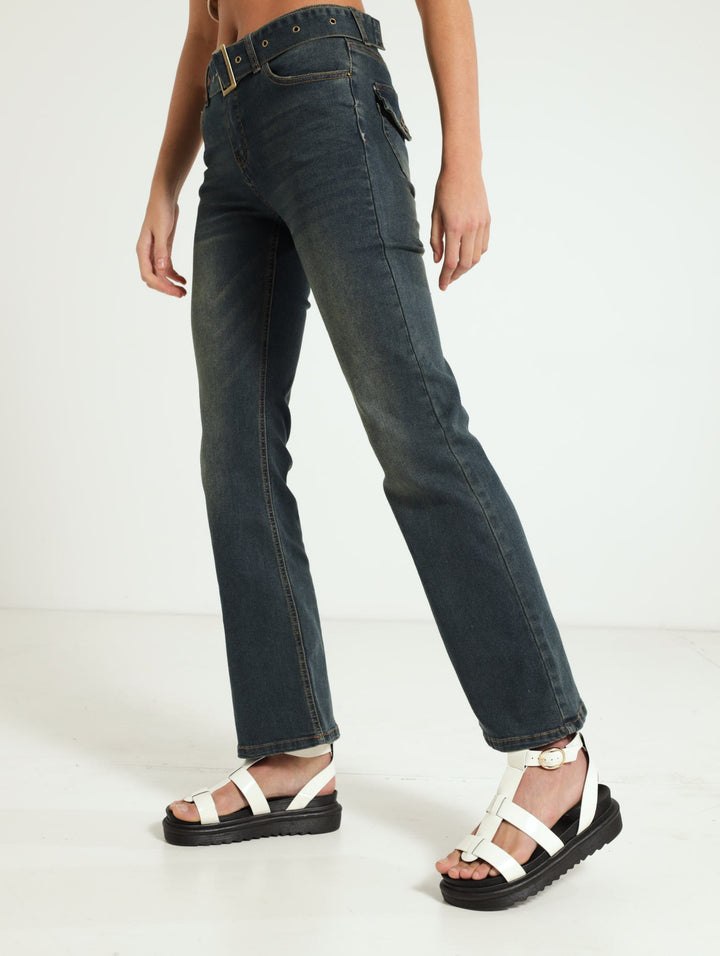 Eyelet Belt Pocket Flare Jean - Dark Wash Ink