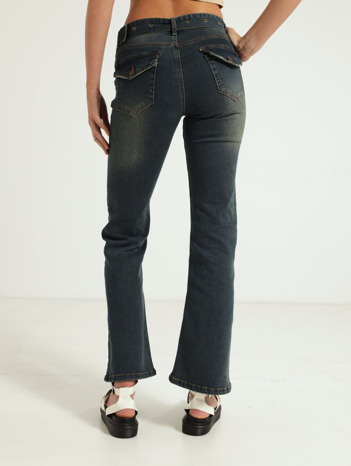 Eyelet Belt Pocket Flare Jean - Dark Wash Ink