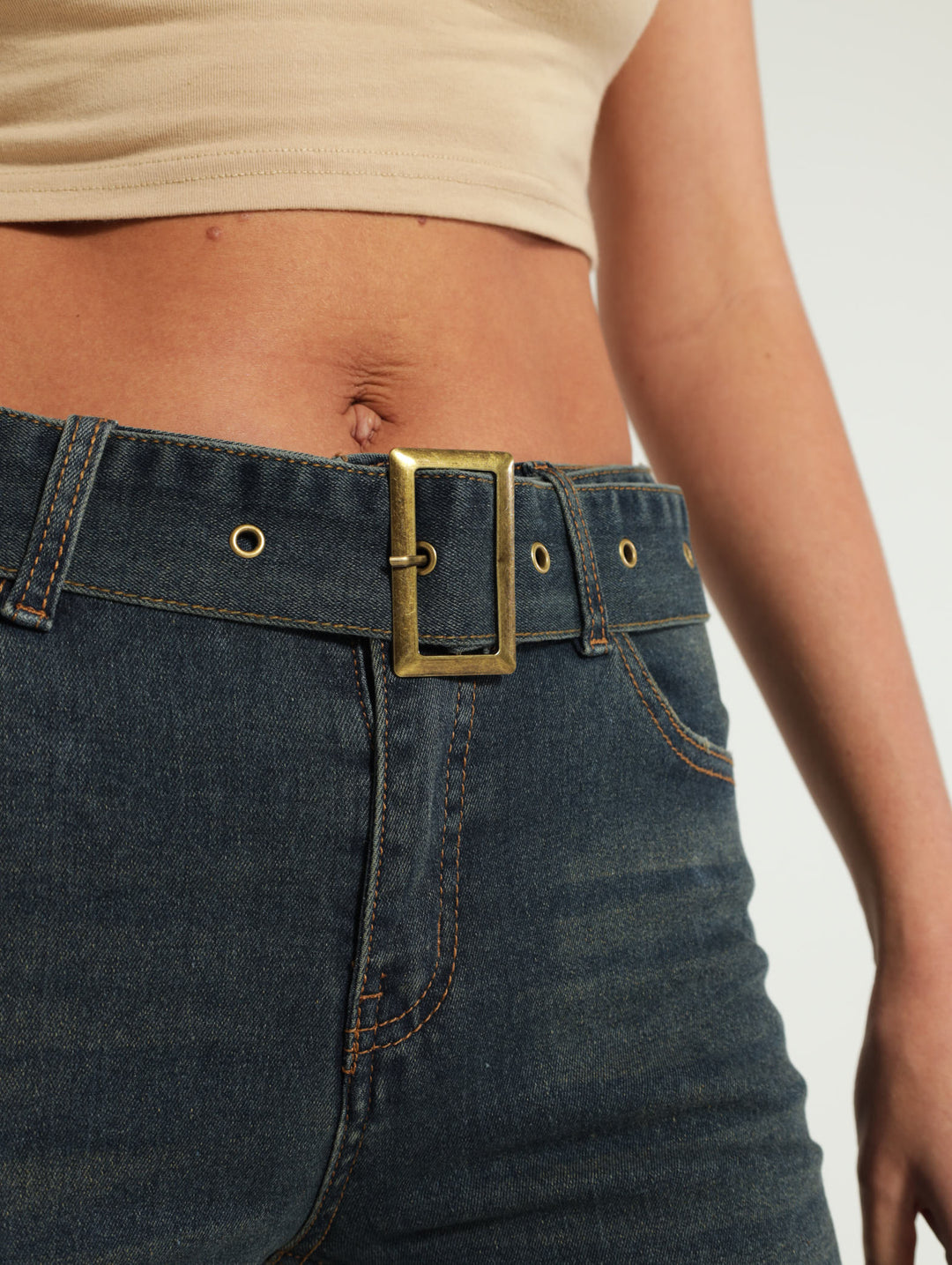 Eyelet Belt Pocket Flare Jean - Dark Wash Ink