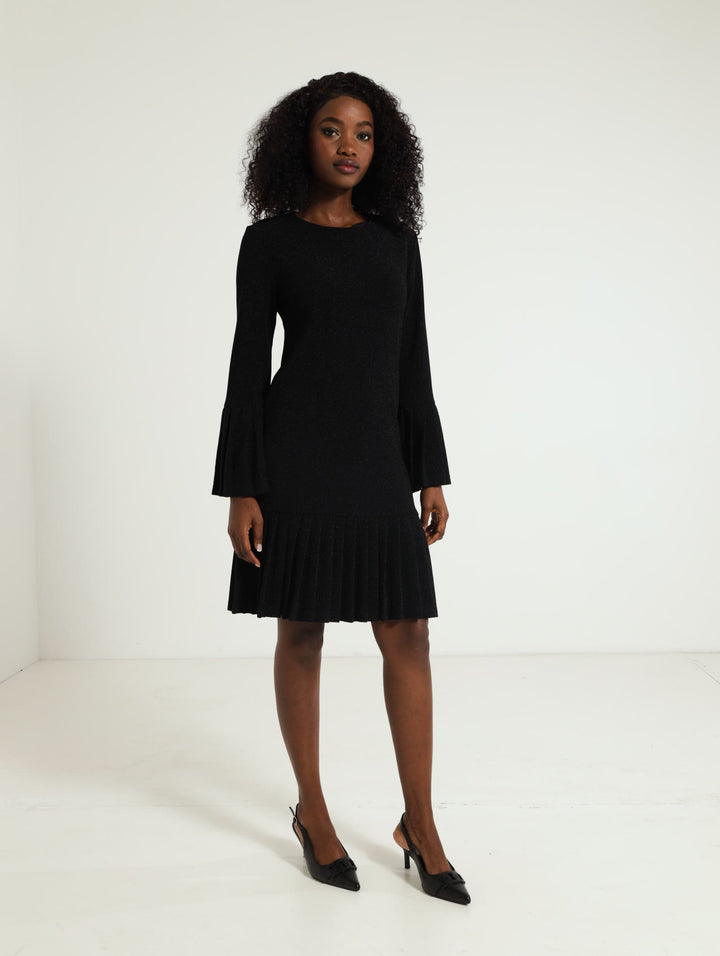 Pleated Frill Hem Shimmer Dress - Black