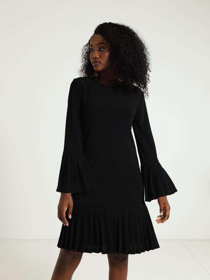 Pleated Frill Hem Shimmer Dress - Black