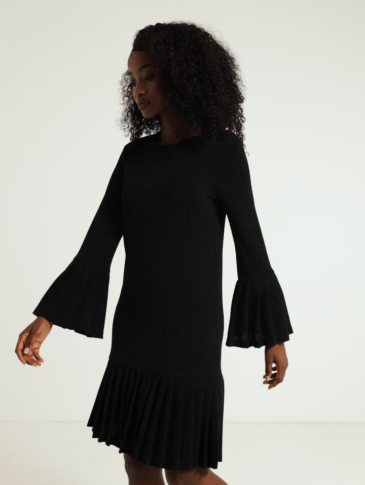 Pleated Frill Hem Shimmer Dress - Black