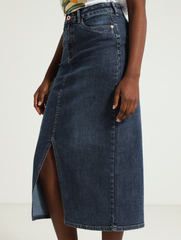 Front Slit Denim Midi Skirt - Mid Blue