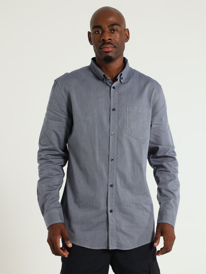 Long Sleeve Plain Dobby Shirt - Navy