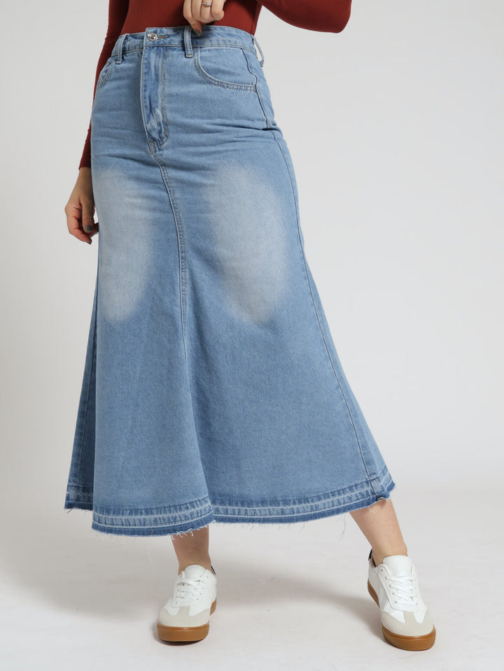 Fit & Flare Denim Midi Skirt - Light Wash