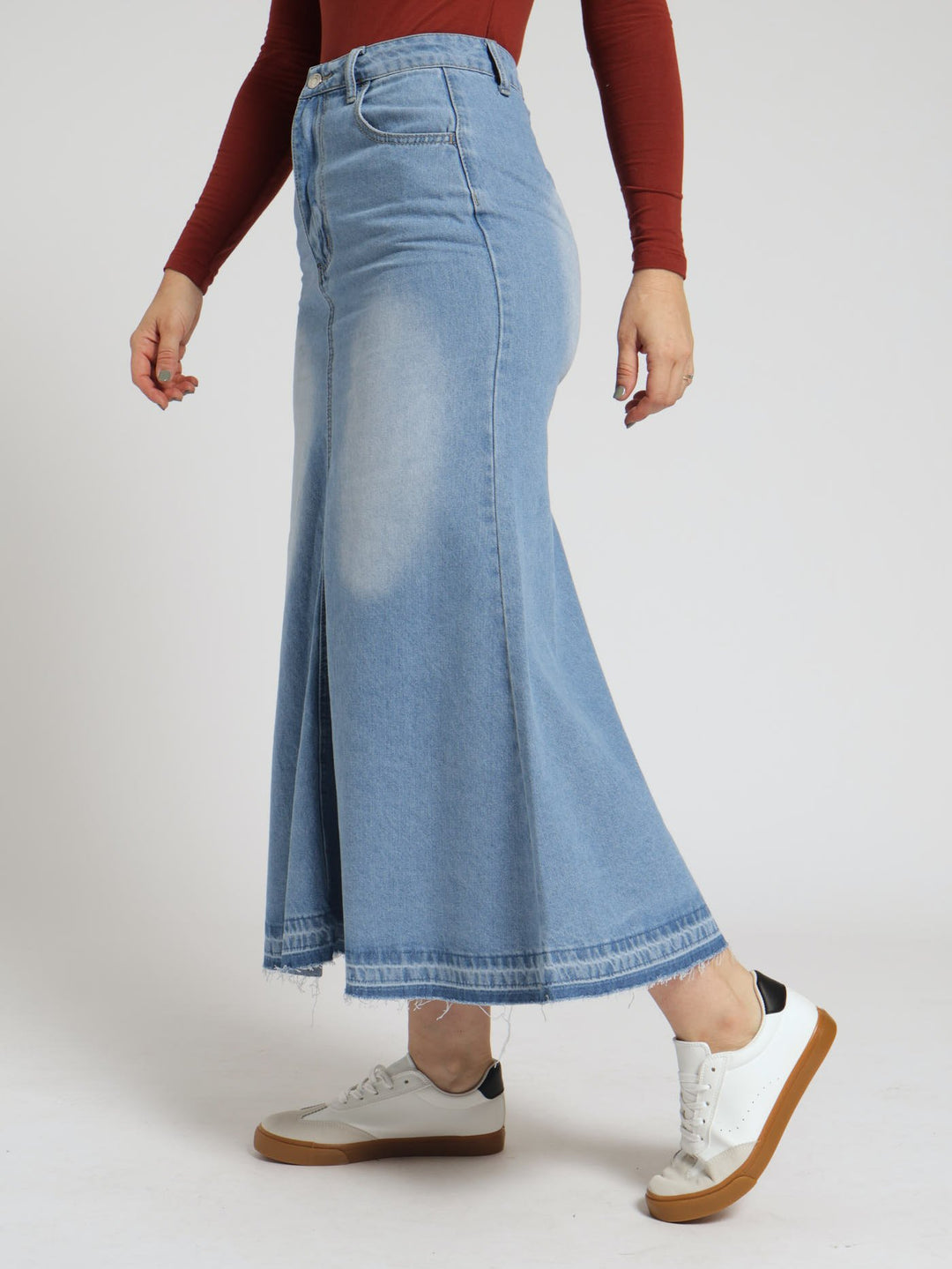 Fit & Flare Denim Midi Skirt - Light Wash