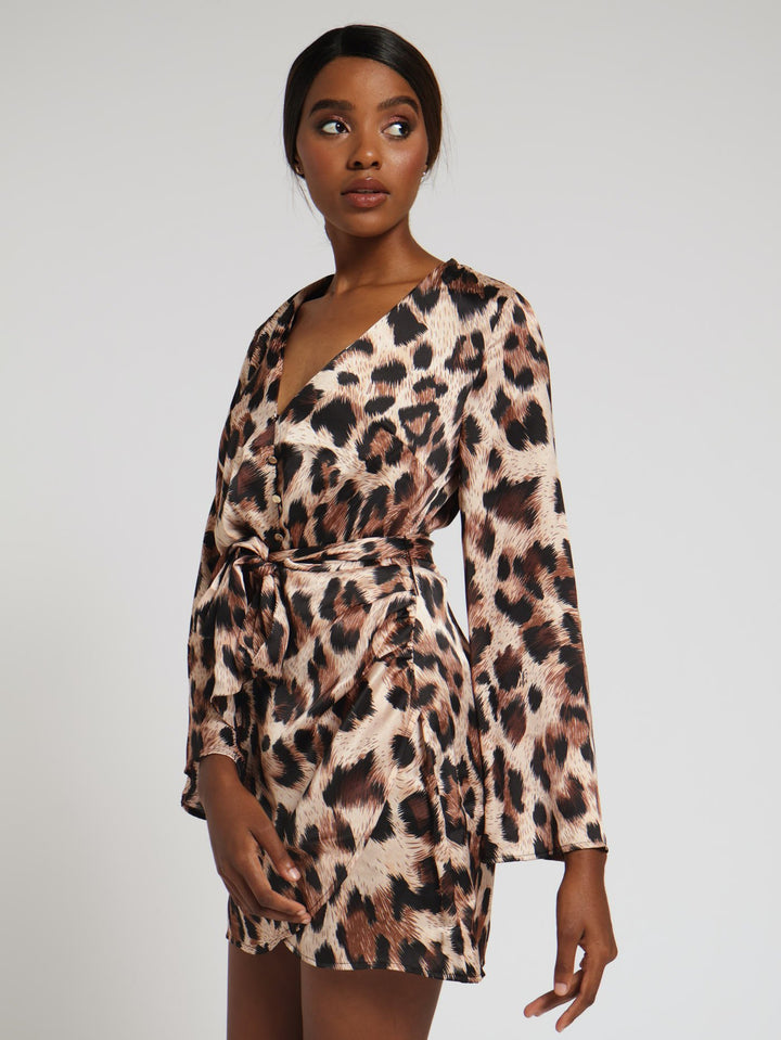 Michaela Animal Print Satin Shirt Dress