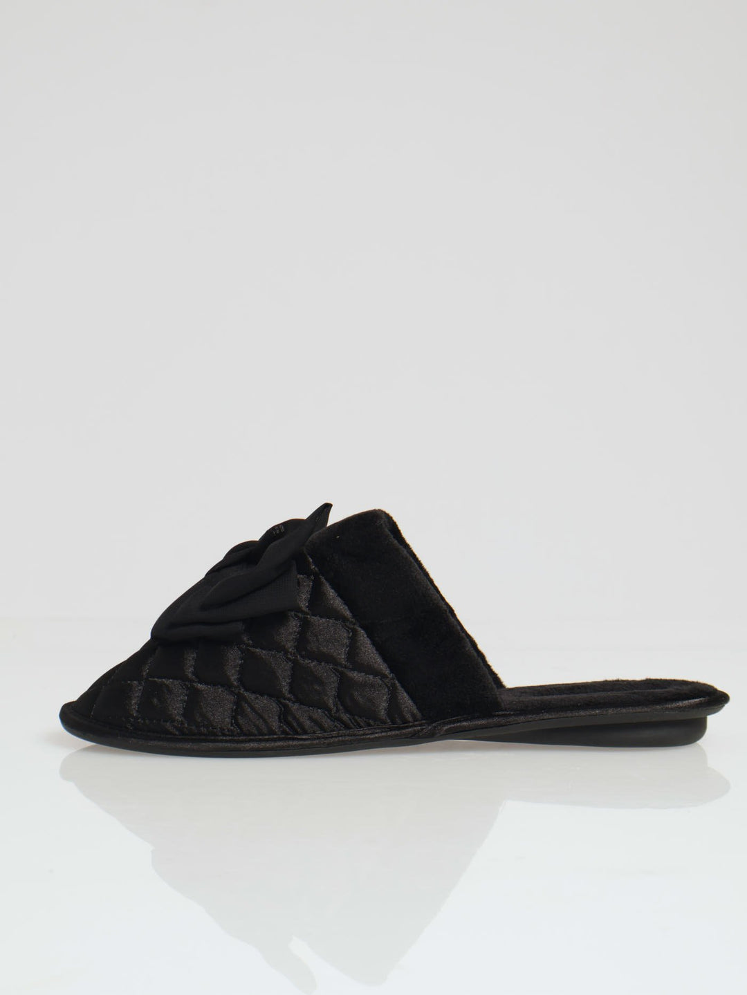Quilted Closed Toe With Big Bow & Fur Topline Slipper - Black