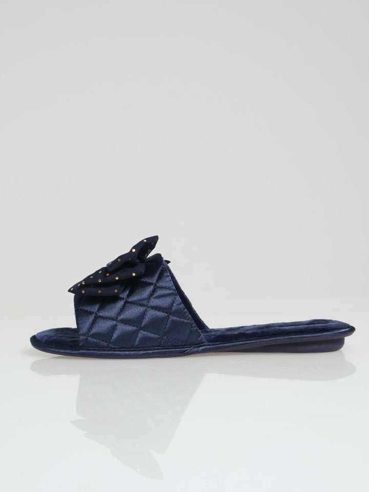 Quilted Closed Toe With Big Bow & Fur Topline Slipper - Navy