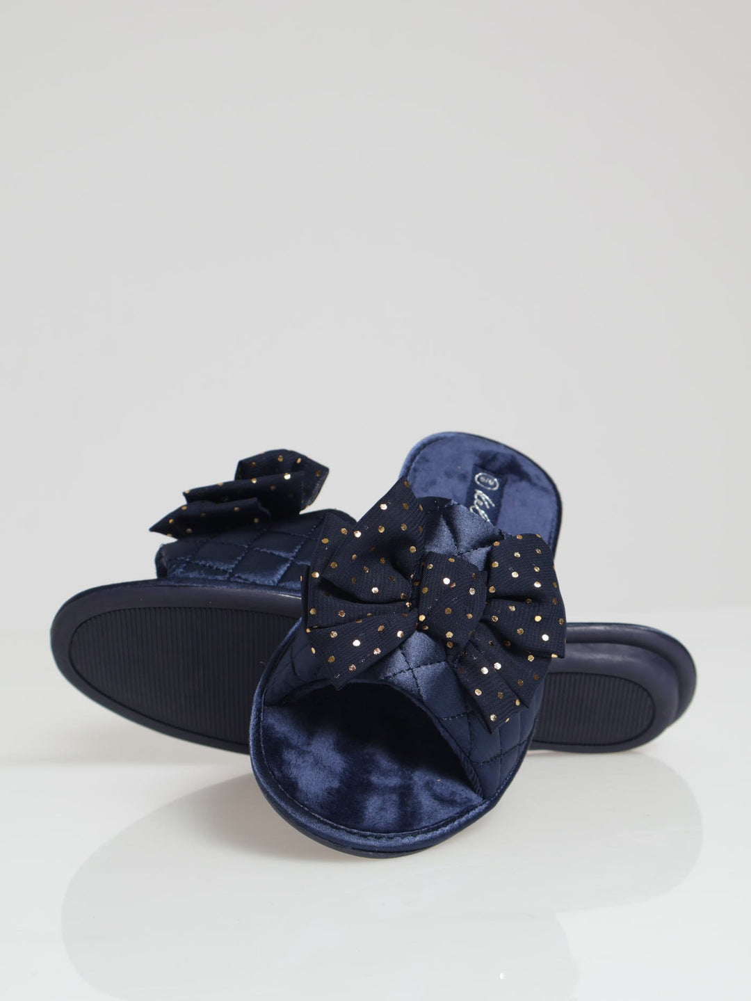 Quilted Closed Toe With Big Bow & Fur Topline Slipper - Navy