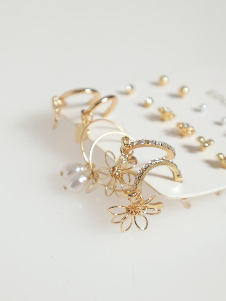 9 Pack Pearl & Flower Earrings - Gold