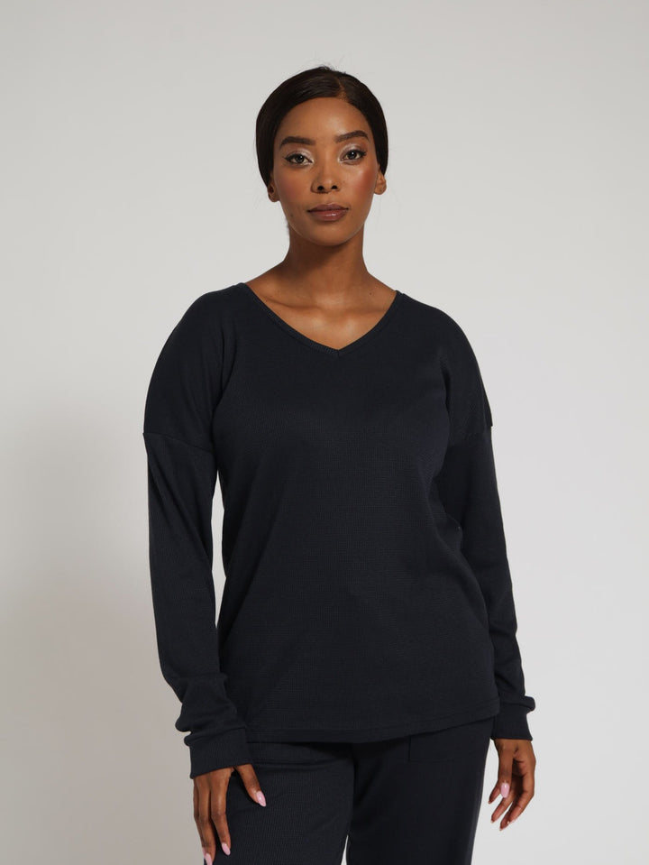 Long Sleeve Pullover Textured Waffle Pj Top - Navy