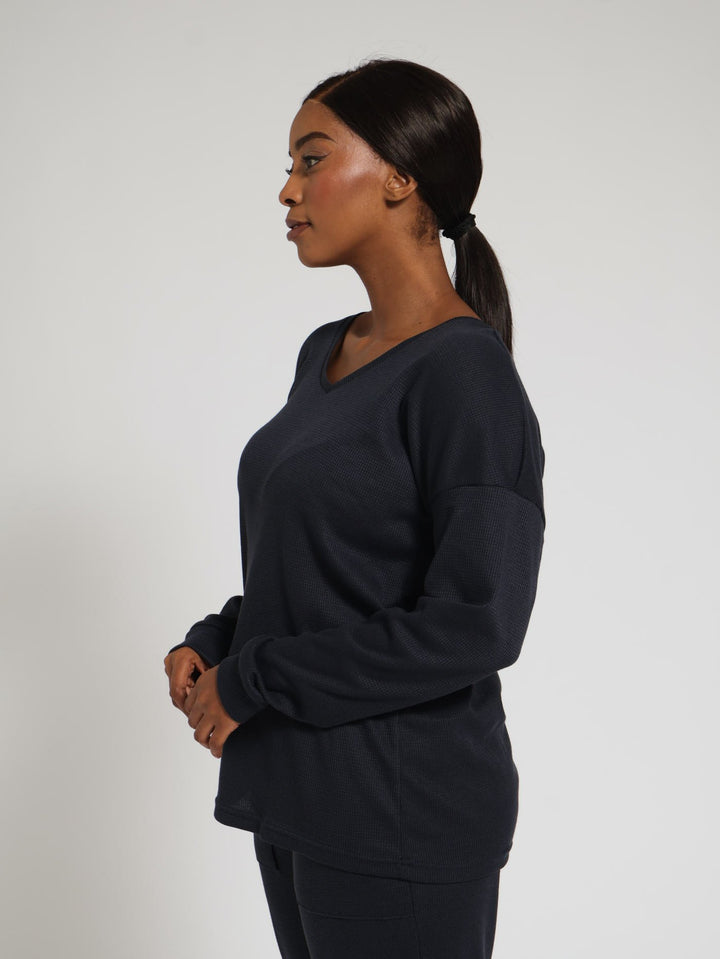 Long Sleeve Pullover Textured Waffle Pj Top - Navy