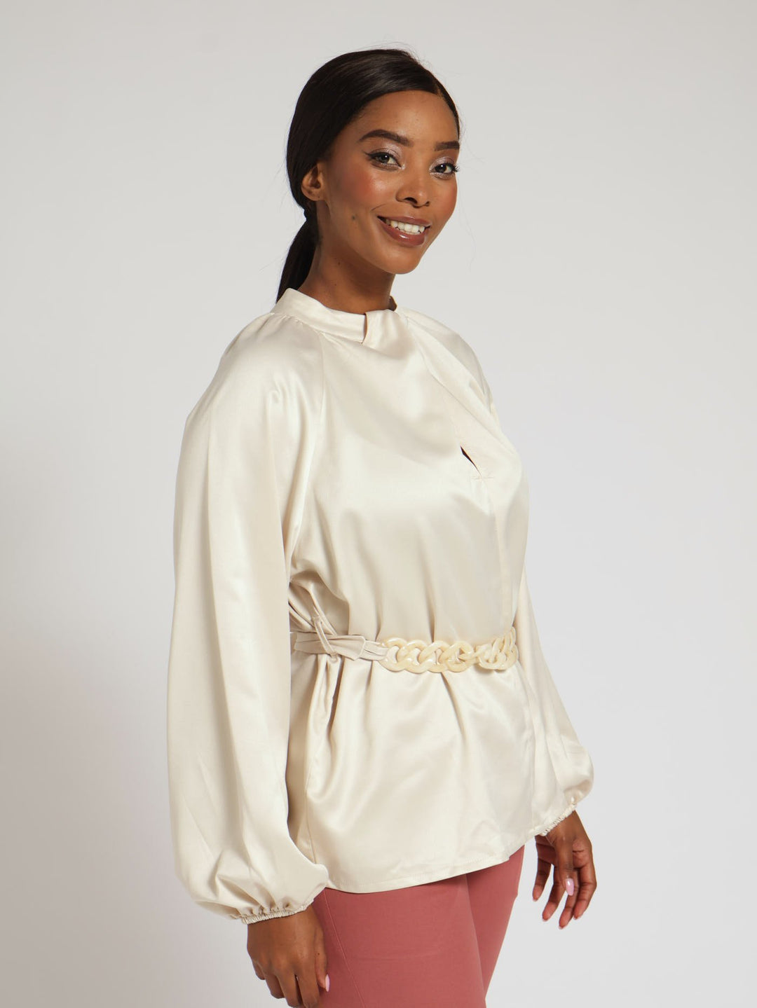 Twist Neck Belted Blouse - Champagne