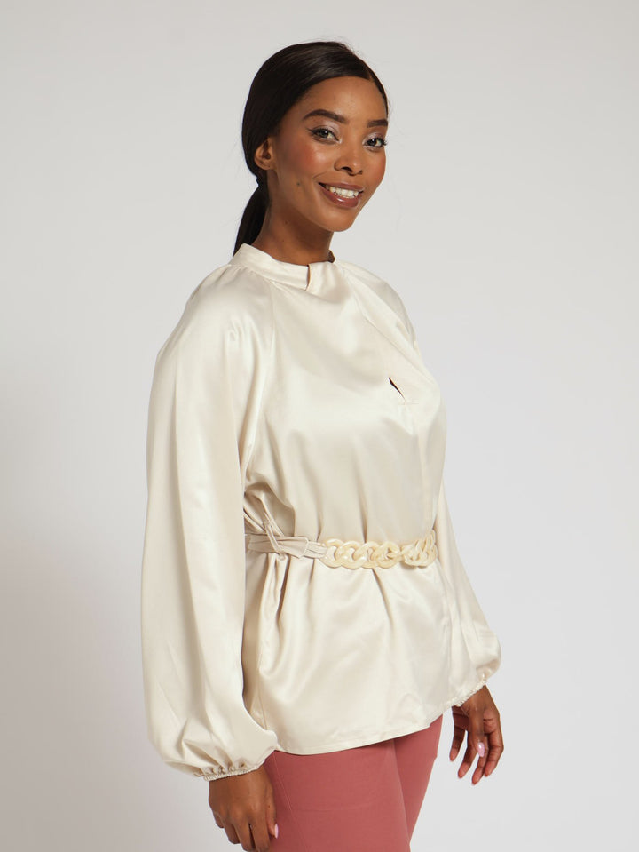 Twist Neck Belted Blouse - Champagne – Edgars