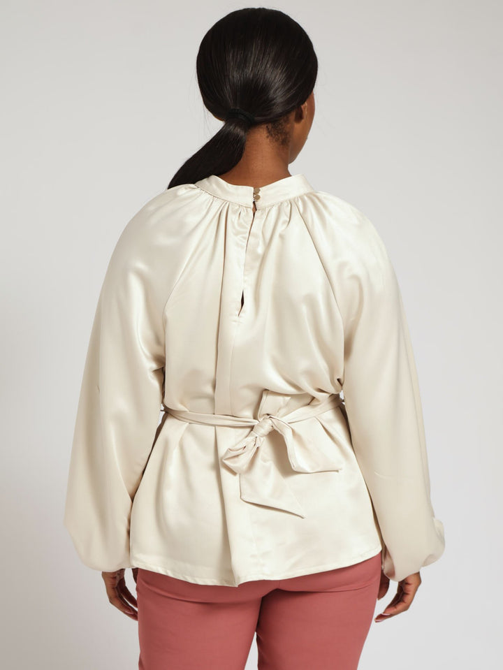 Twist Neck Belted Blouse - Champagne