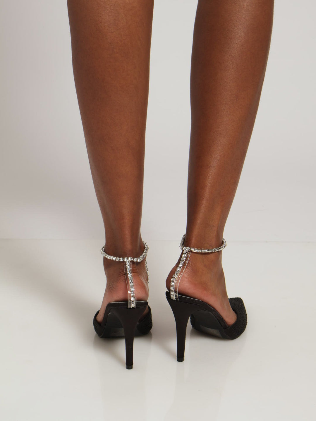 Diamante Ankle Chain Mule Heels - Black