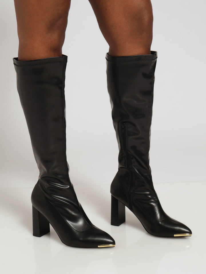 Over The Knee Stretch Boot With Metal Toe Cap - Black