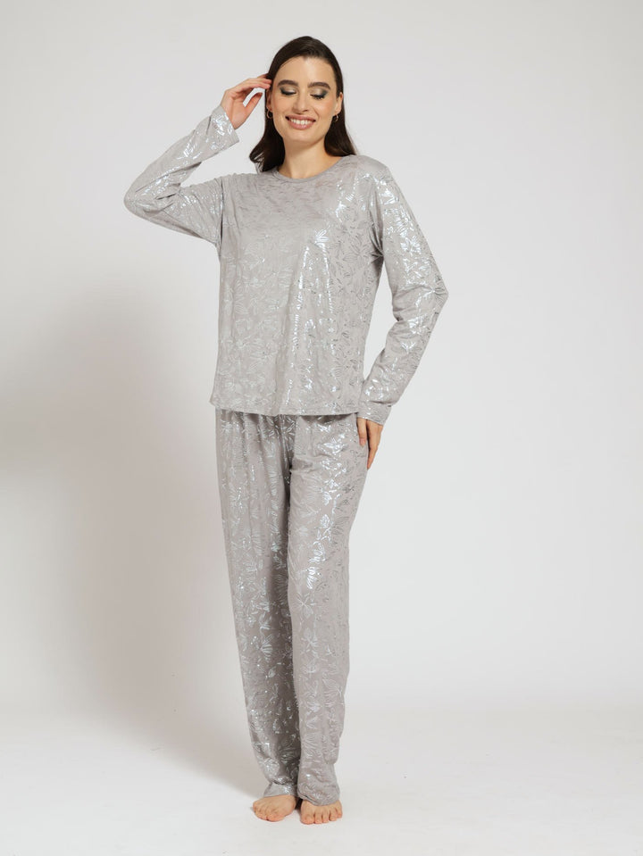 Long Sleeve Metallic Leaf Ditsy Pj Top & Pant Set  - Grey