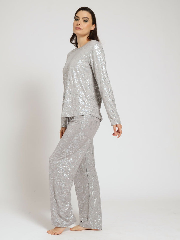 Long Sleeve Metallic Leaf Ditsy Pj Top & Pant Set  - Grey