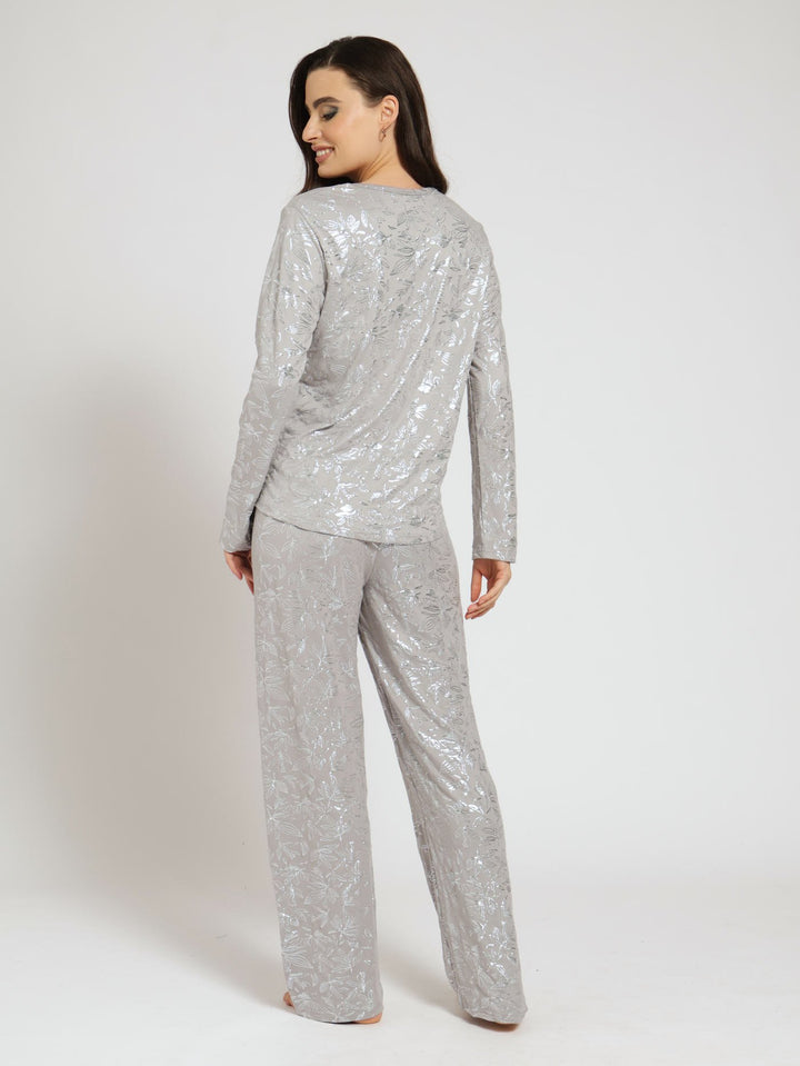 Long Sleeve Metallic Leaf Ditsy Pj Top & Pant Set  - Grey