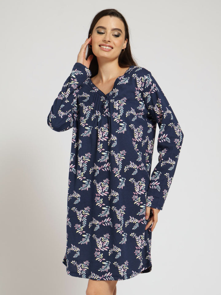 Long Sleeve Button V-Neck Sleepshirt - Navy