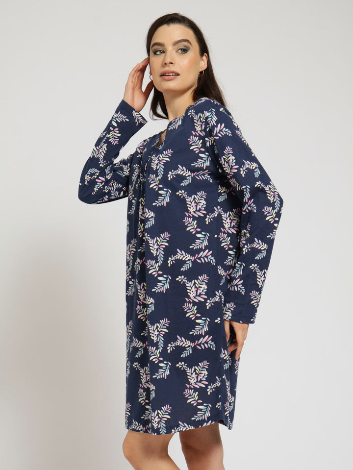 Long Sleeve Button V-Neck Sleepshirt - Navy