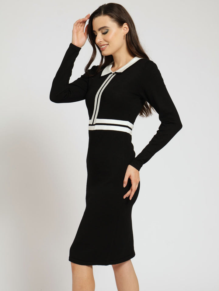 Collared Preppy A-Line Dress - Black/White