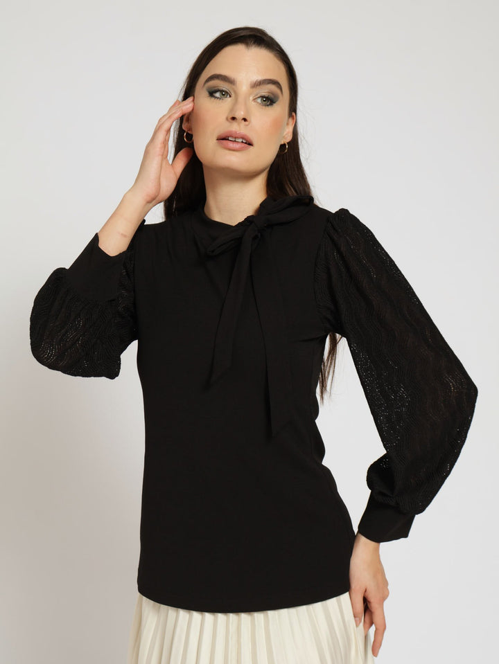 Kitty Bow Combo Blouse - Black