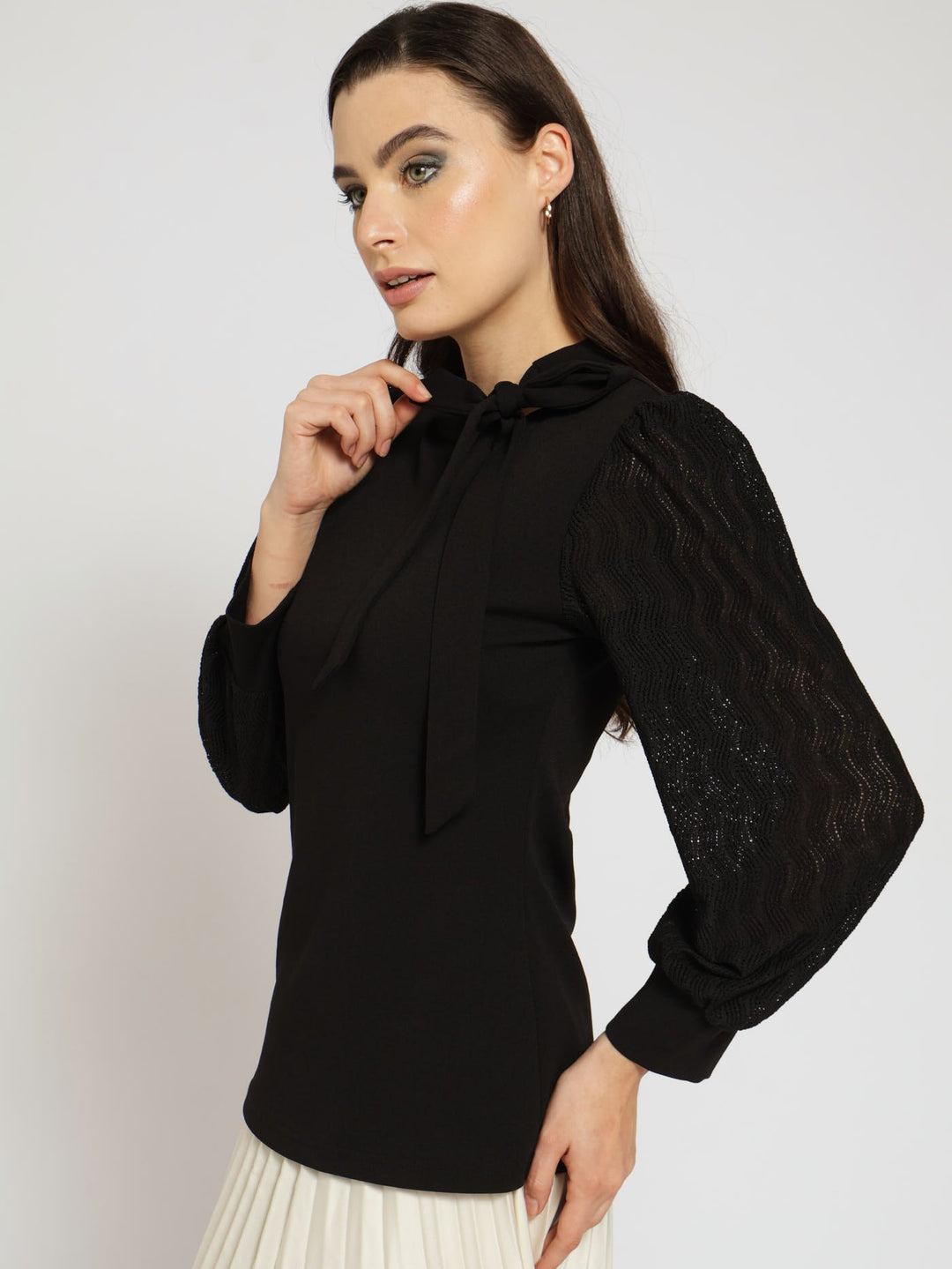 Kitty Bow Combo Blouse - Black