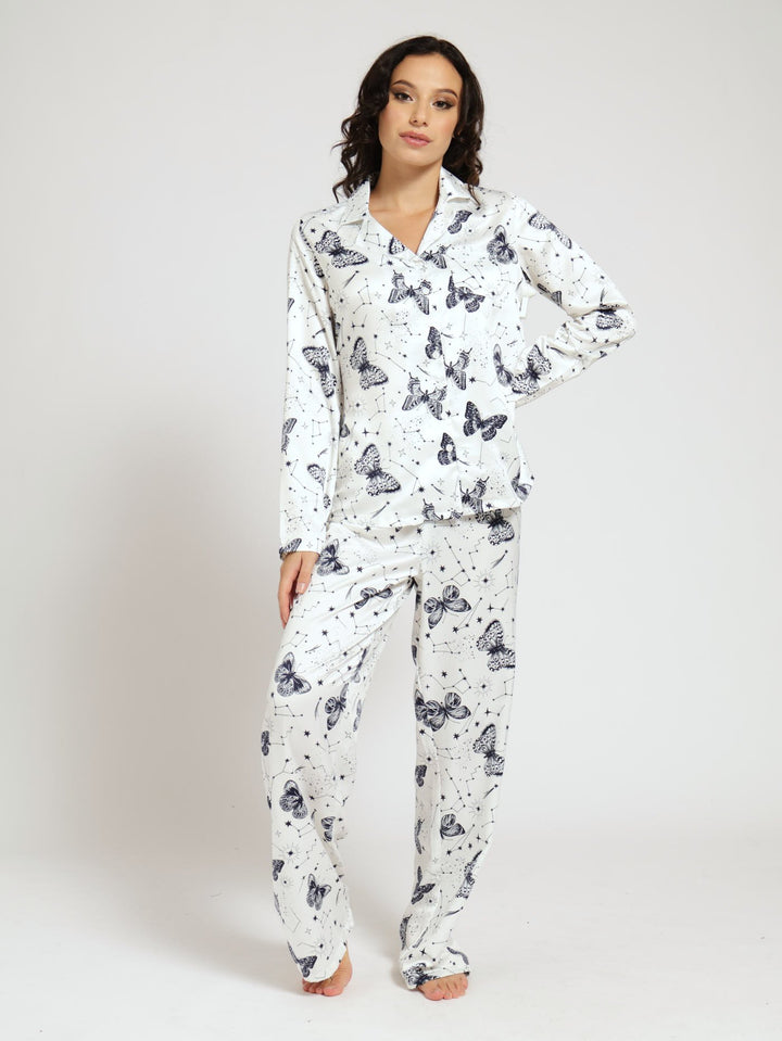 Long Sleeve Satin Button Through Shirt & Pants Pj Set - White