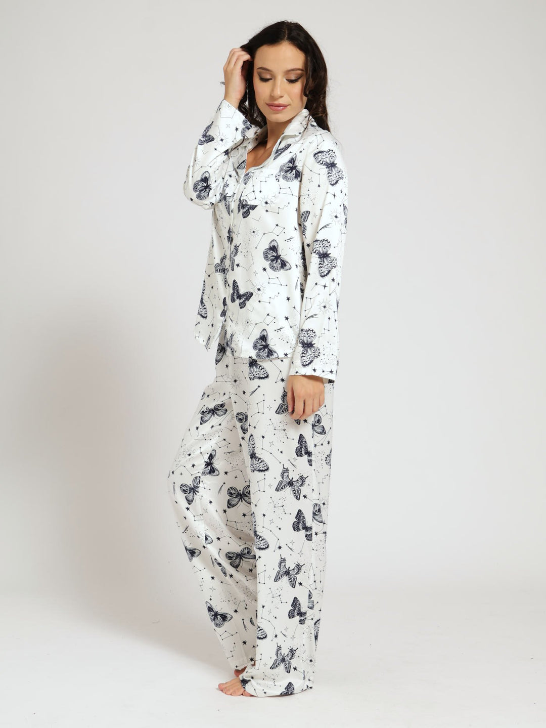 Long Sleeve Satin Button Through Shirt & Pants Pj Set - White