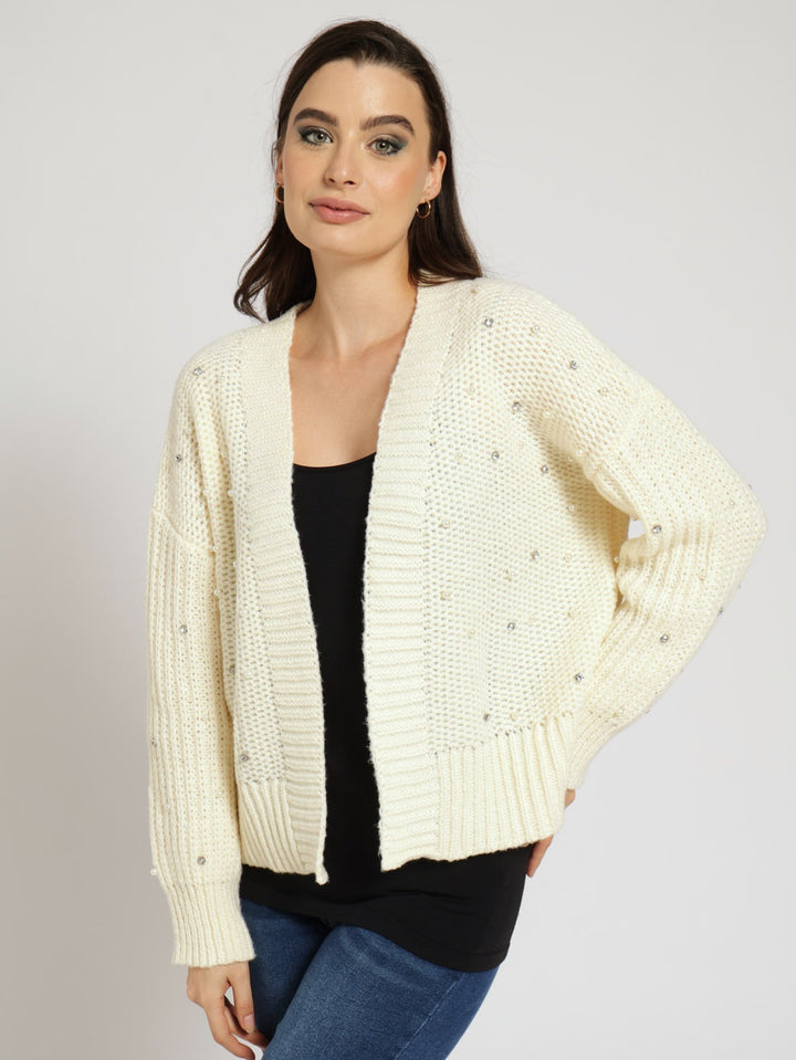 Long Sleeve Diamonds & Pearls Chunky Cardigan - Cream