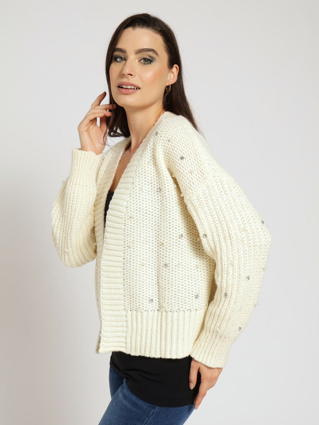 Long Sleeve Diamonds & Pearls Chunky Cardigan - Cream