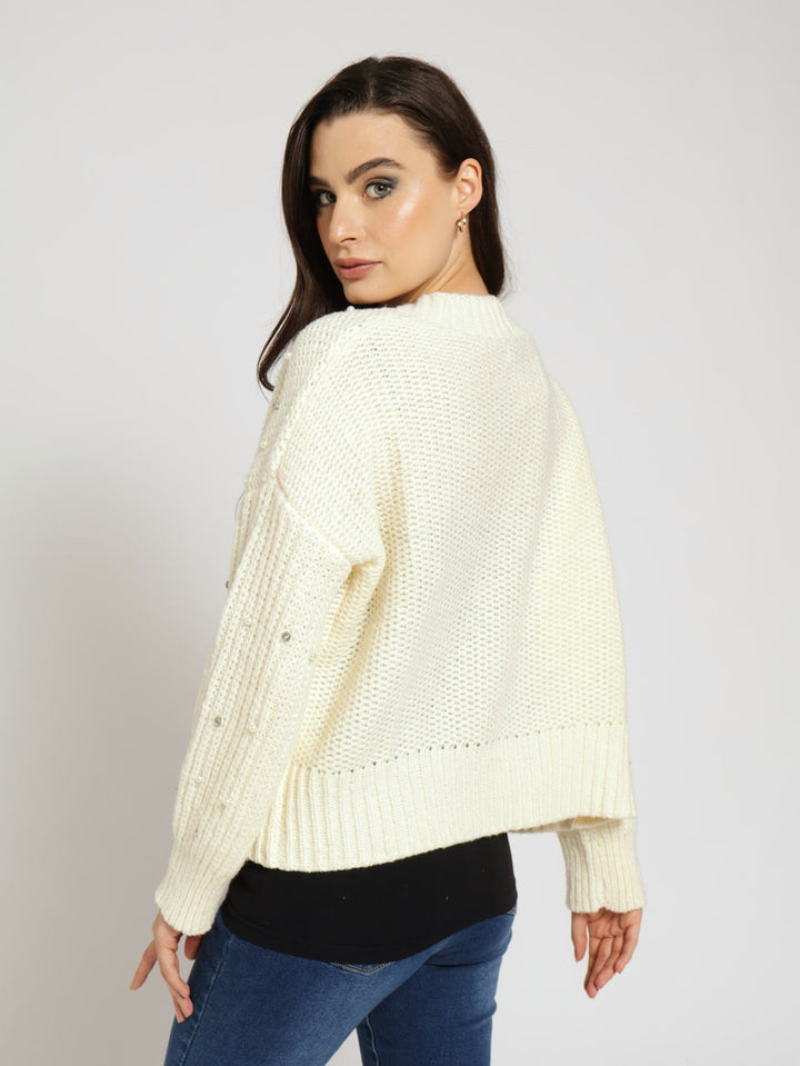 Long Sleeve Diamonds & Pearls Chunky Cardigan - Cream