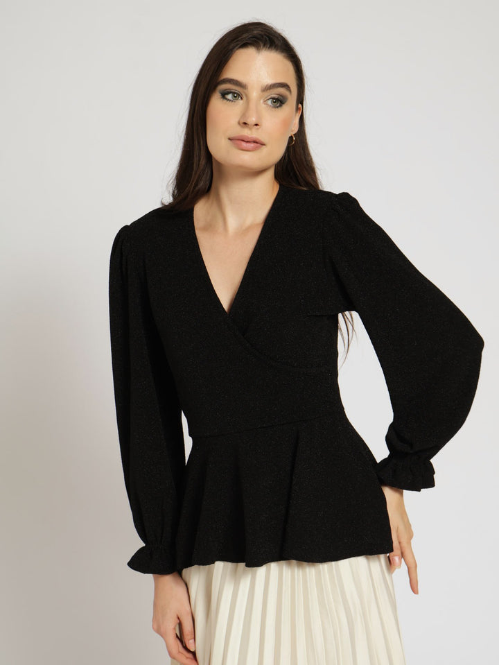 Wrap Peplum Shimmer Blouse - Black