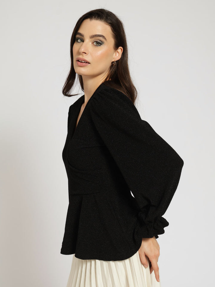 Wrap Peplum Shimmer Blouse - Black