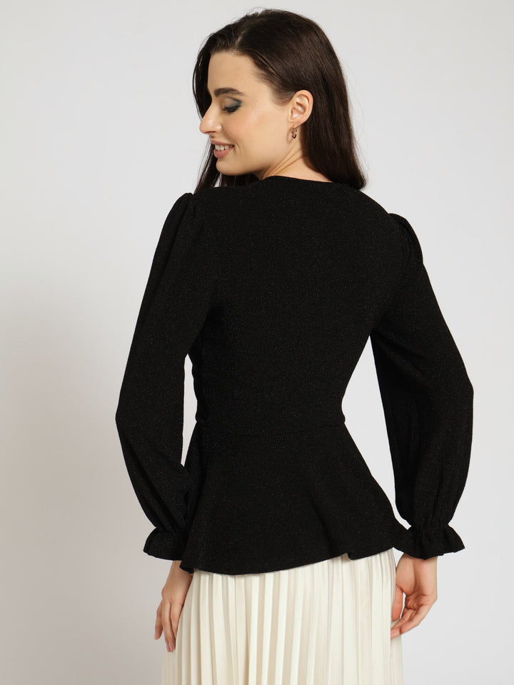 Wrap Peplum Shimmer Blouse - Black