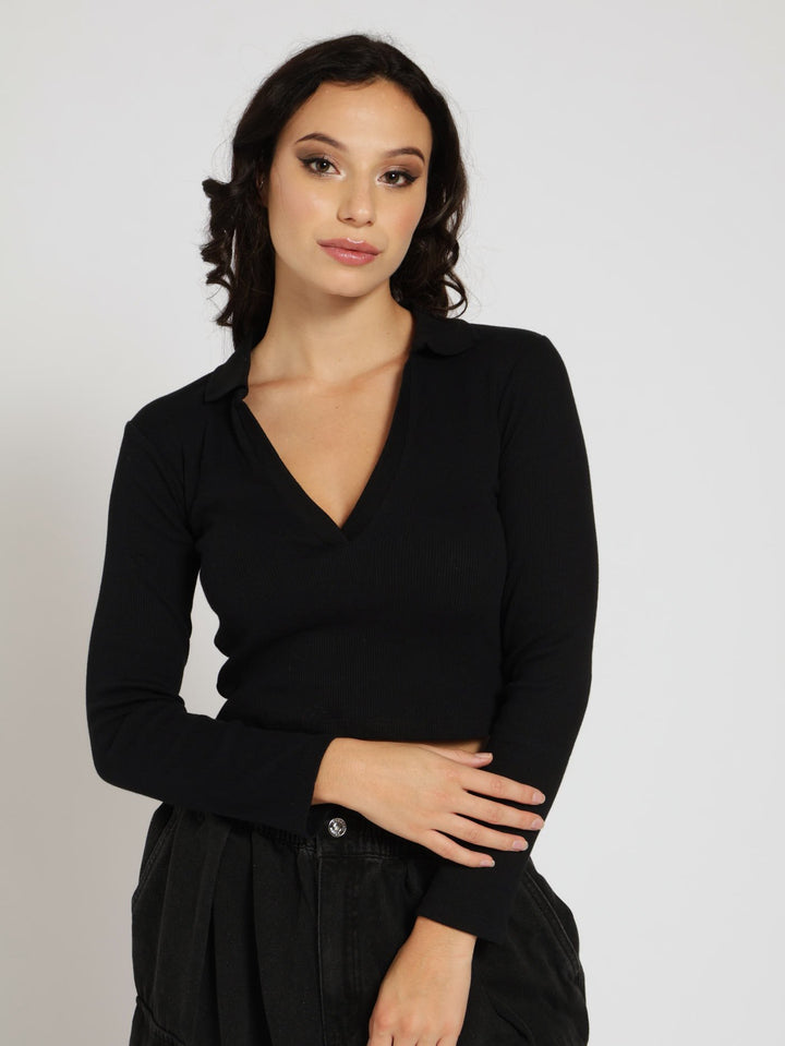 Long Sleeve Basic Collar Top - Black