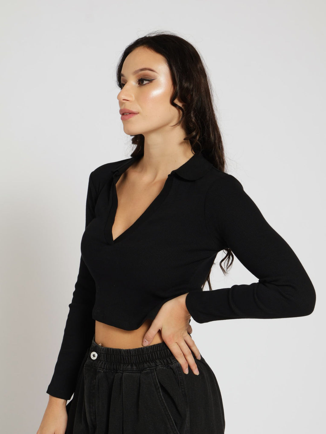 Long Sleeve Basic Collar Top - Black