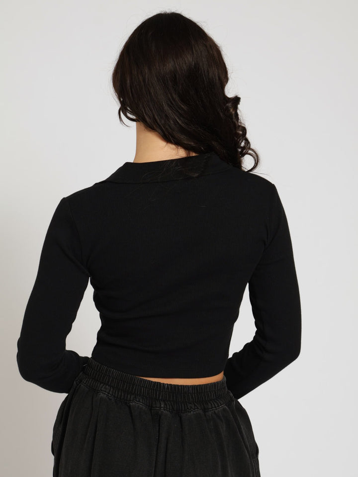 Long Sleeve Basic Collar Top - Black