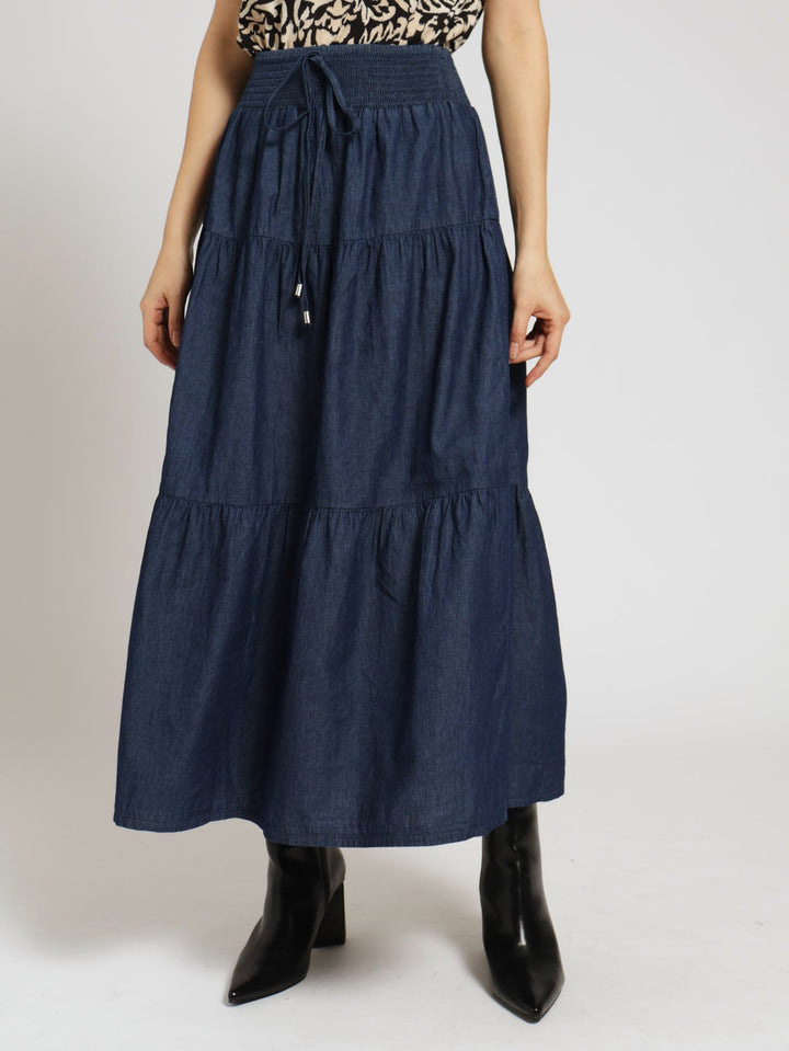 Tiered Chambray Skirt - Blue