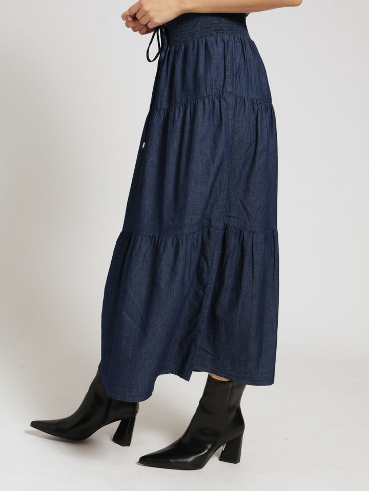 Tiered Chambray Skirt - Blue