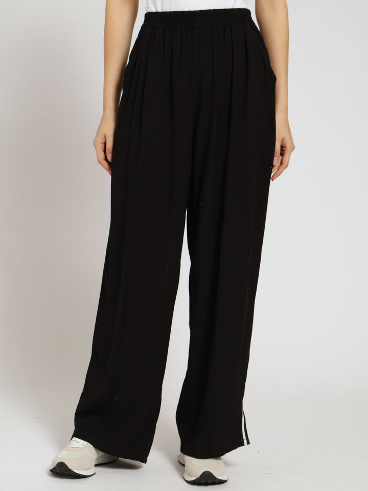 Pull-On Split Hem Sports Stripe Wideleg Pants - Black